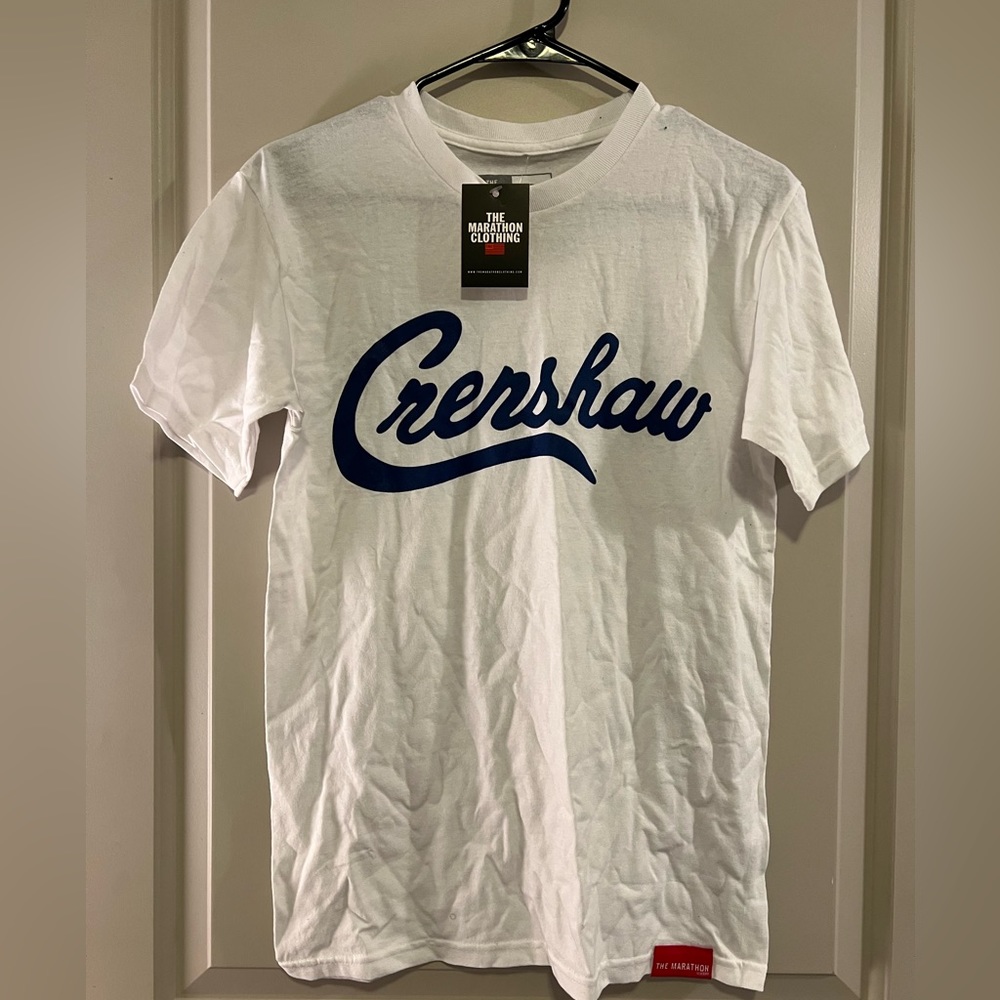 White and blue Crenshaw T-shirt. The marathon clothing.